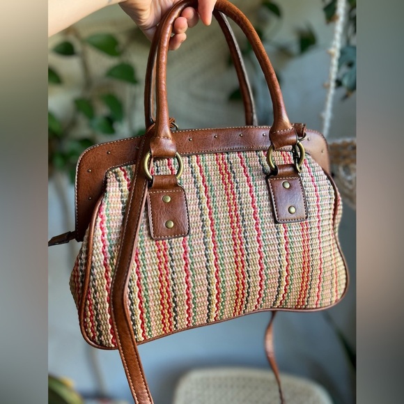Vintage Woven Satchel Purse Boho Coastal Tote Faux Leather Removable Crossbody - Picture 5 of 13